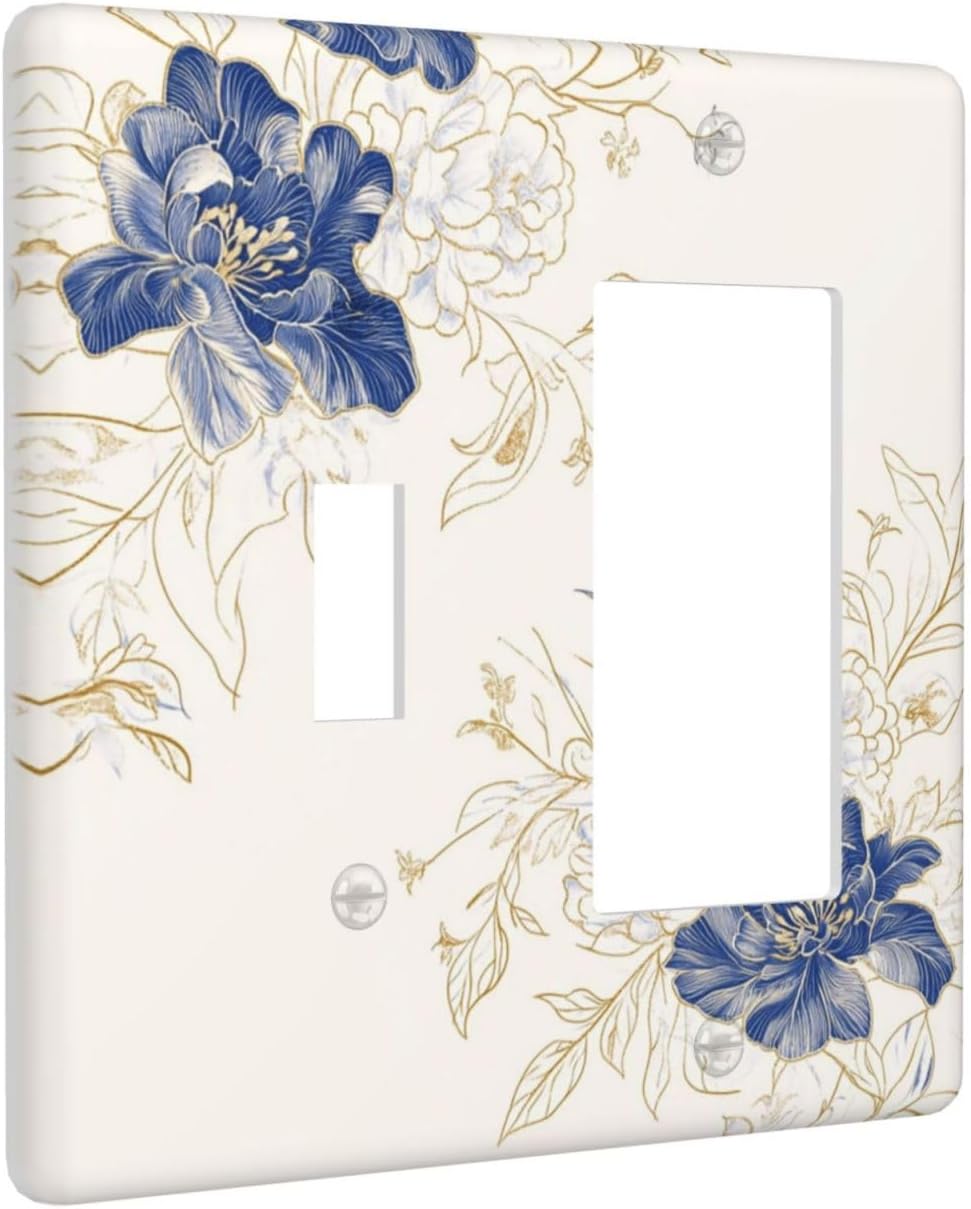 Decorative Outlet Covers Rustic Blue Flower Floral Gold Leaf 2 Gang Light Switch Cover Plate Single Toggle 1 Rocker Wall Plates for Electrical Outlets Switch Plate Covers for Home Decor