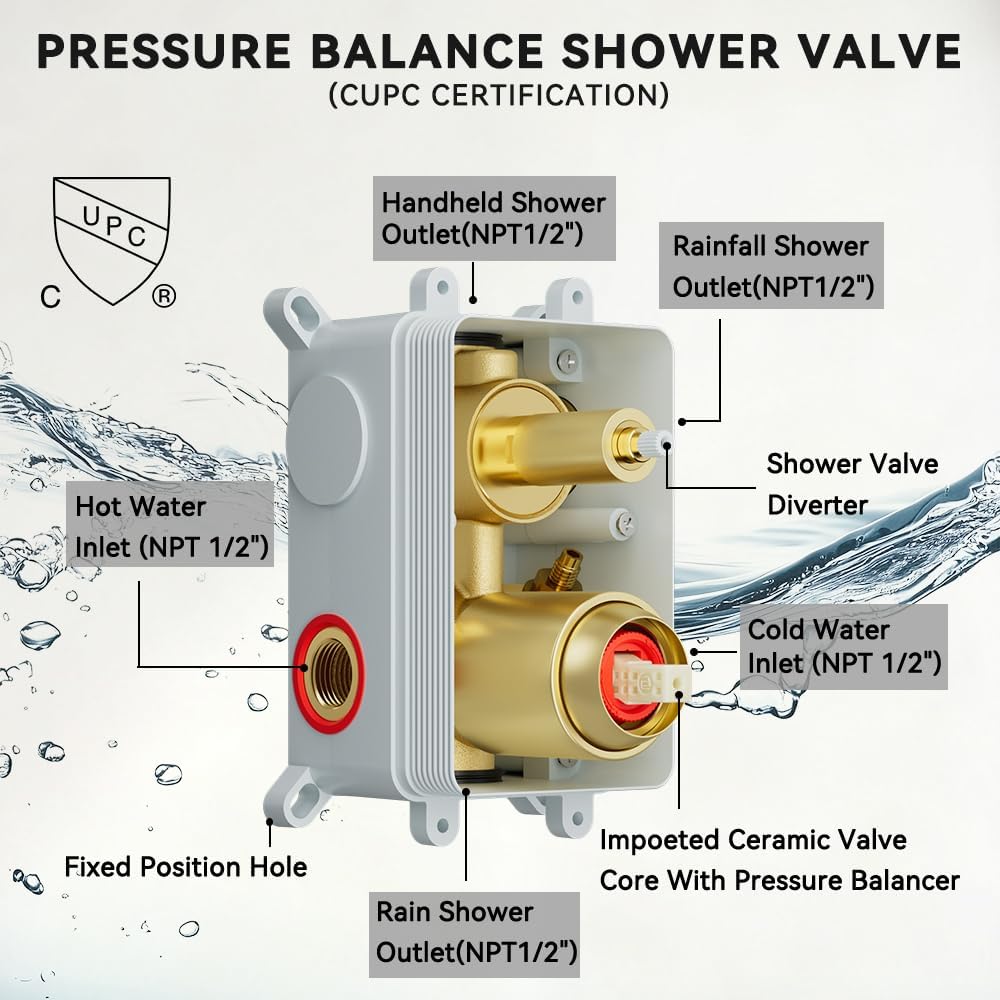 Shower Systems Shower Faucet Sets STARBATH 3 Way 12+6" Round Dual Rainfall Shower Head with Handheld Spray Combo, Ceiling Mounted Rain Shower Valve with 5 Diverter and Trim Kit Complete, Brushed Gold