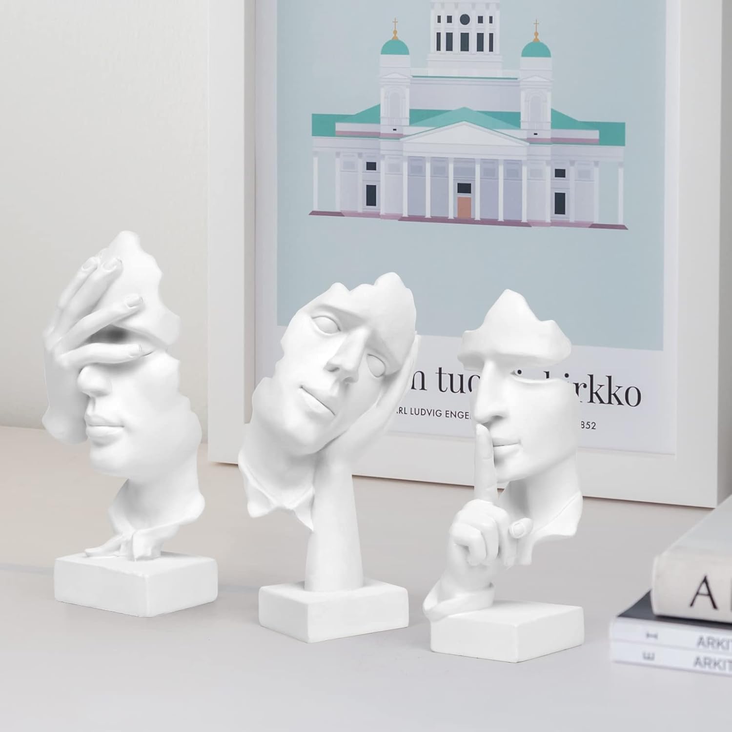 3 Pcs Thinker Statue, Silence is Gold Abstract Art Figurine, No Hear No See No Speak Modern Home Resin Sculptures Decorative Objects Decor for Home Office Bookshelf Desktop(White), A-41