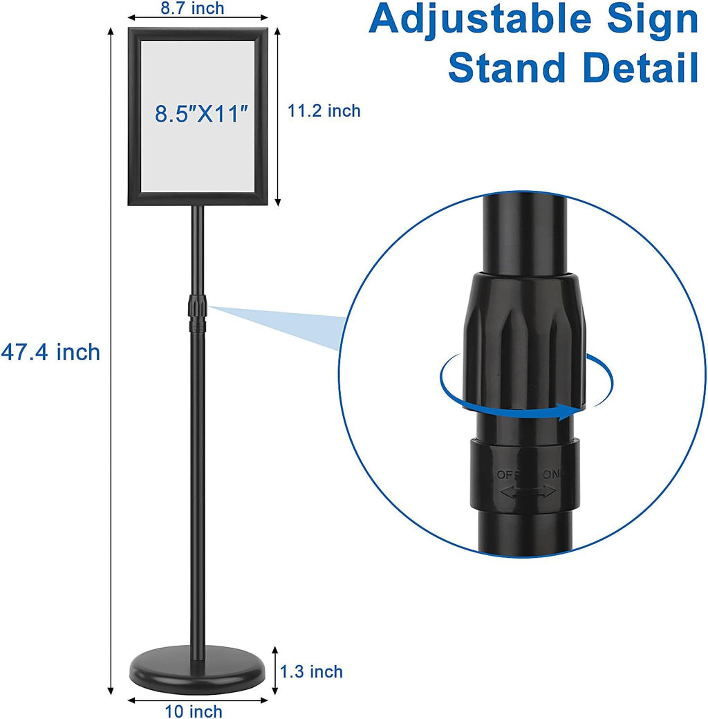 Adjustable Sign Holder Stand 8.5x11 inch,Pedestal Floor Signage Standing Holder with Heavy Duty Base, Aluminum Snap Open Frame Display for Business Restaurant, Mall,Schools-2 Pack