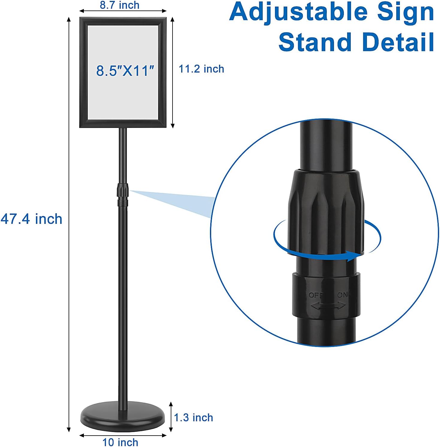 Adjustable Sign Holder Stand 8.5x11 inch,Pedestal Floor Signage Standing Holder with Heavy Duty Base, Aluminum Snap Open Frame Display for Business Restaurant, Mall,Schools-2 Pack