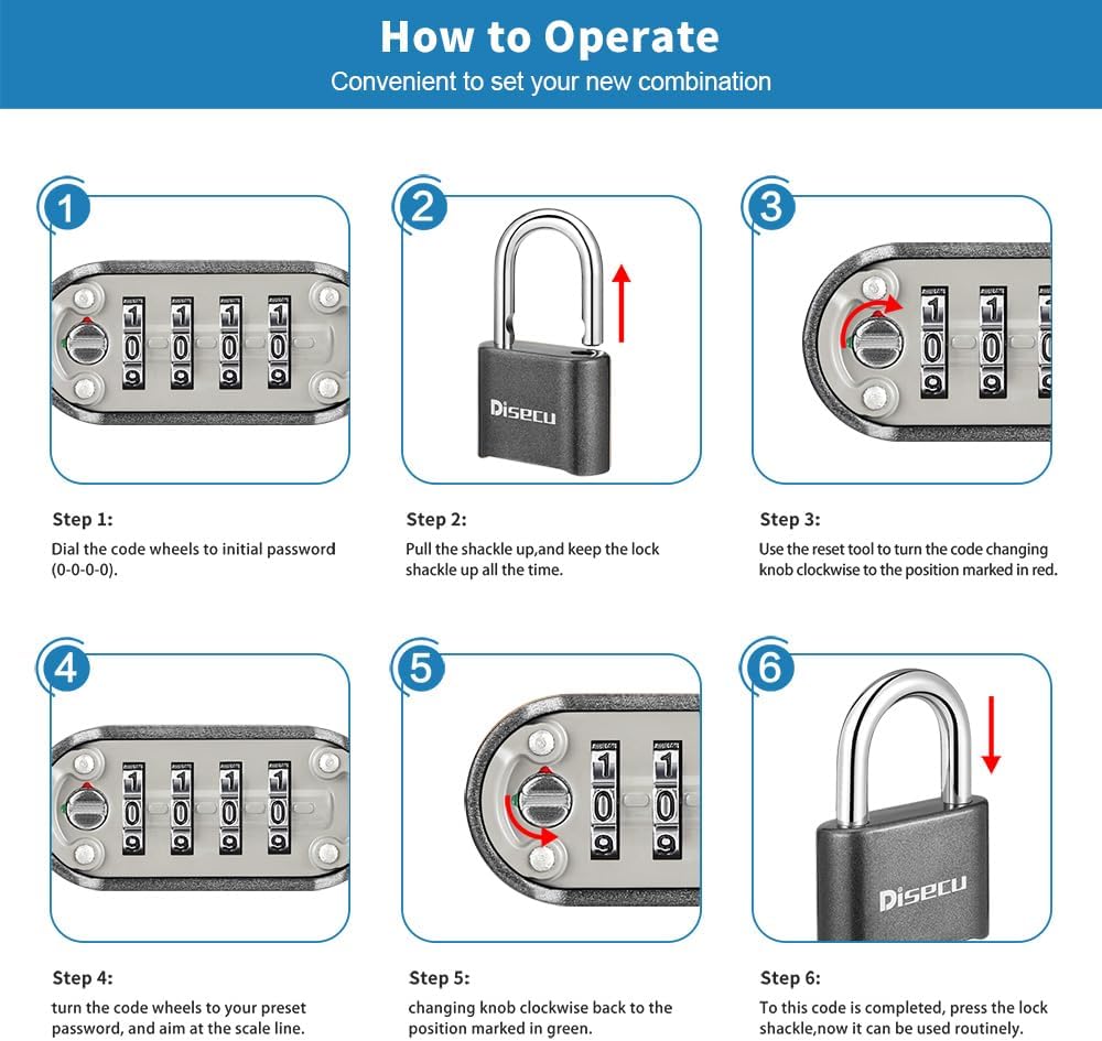 1 Pack disecu Heavy Duty 4 Digit Combination Lock, Anti-Error Feature, Outdoor Waterproof Padlock for School Gym Locker, Fence, Gate, Hasp Storage, Toolbox (Gun Black)