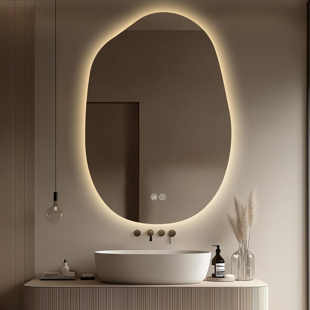 LED Bathroom Mirror with Lights 26x38, Stepless Dimmable Irregular Backlit Mirror with 3 Colors, Anti-Fog, Memory, Al-Alloy Lampshade, Frameless Vanity Mirror for Bathroom (Horizontal/Vertical)