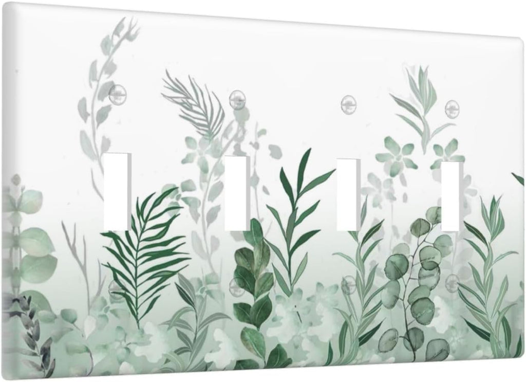 Watercolor Green Leaf Rustic Plant Eucalyptus Flowers Light Switch Covers Quad Toggle Electrical Faceplate 4 Gang Wall Plate Decorative Switch Plates for Bed Room Living Room Decor