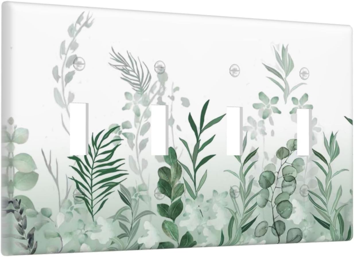 Watercolor Green Leaf Rustic Plant Eucalyptus Flowers Light Switch Covers Quad Toggle Electrical Faceplate 4 Gang Wall Plate Decorative Switch Plates for Bed Room Living Room Decor