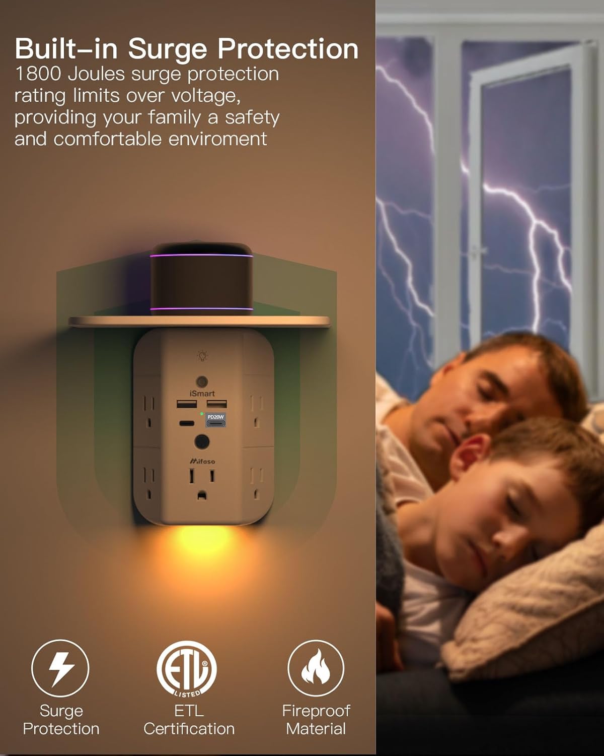 PD20W Wall Outlet Extender, Outlet Splitter with Shelf and Night Light, USB Wall Charger with 5 AC Outlets and 2 USB A Ports 2 USB C Ports Wide Space 3-Sided Power Strip Multi Plug Outlets