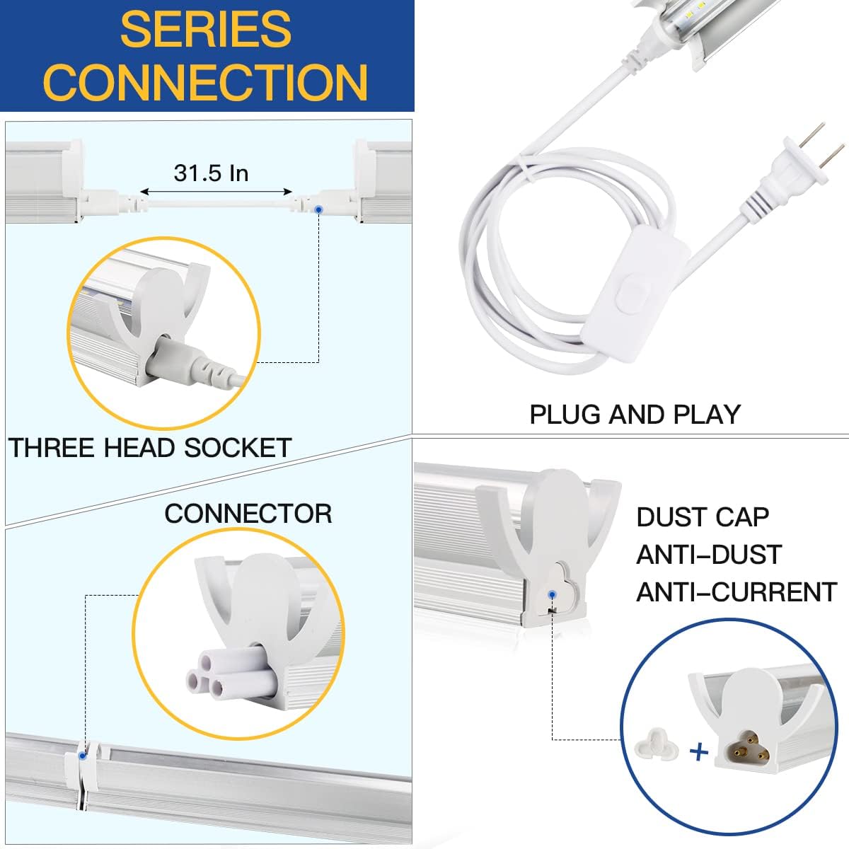T5 LED Grow Lights, 204pcs Bulb 5000K White Full Spectrum Plant Light Strips for Indoor Plants, Shelves Greenhouse Seedling, End-to-End Connectable with V-Shaped Reflector
