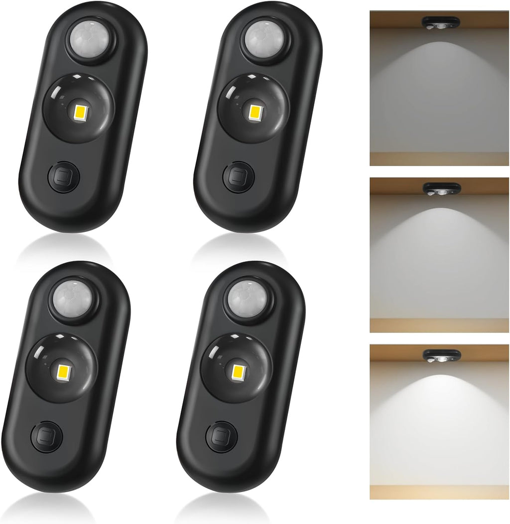 LED Motion Sensor Puck Lights, Small Rechargeable Under Cabinet Light, Dimmable Daylight White Closet Lights, Wireless Under Cabinet Lighting for Drawer, Kitchen (4 Pack)