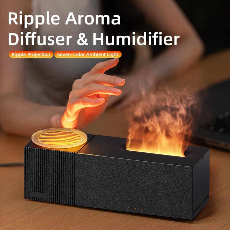 Essential Oil Diffuser, Ripple Projection Vibe Flame Oil Diffuser - Aromatherapy Aroma Humidifier, Upgrade 7 Flame Colors Noiseless 150ml Remote - Perfect for Bedroom Home Office (Ripple White)