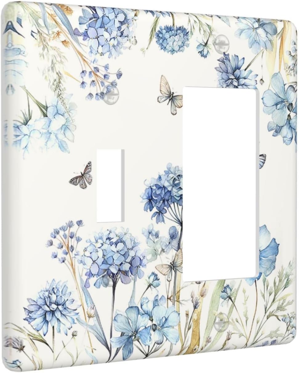Outlet Covers Blue Floral Hydrangea Plants 1 Toggle 1 Rocker Combination Decorative Wall Plate Light Switch Cover Plate Electrical Switch Plates for Bedroom Home Decor