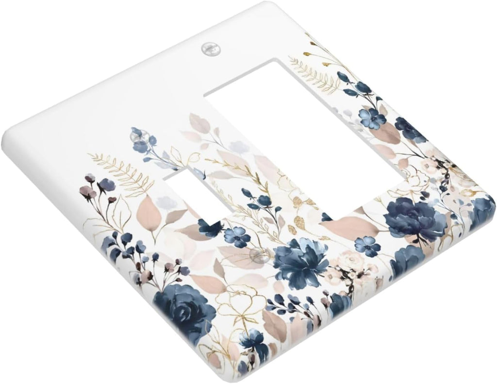 Blue Flora Boho Vintage Flower Golden Leaves Outlet Covers 1 Toggle 1 Rocker Combination Decorative Wall Plate Electrical Switch Plates Light Switch Cover Plate for Bedroom Living Room Decor