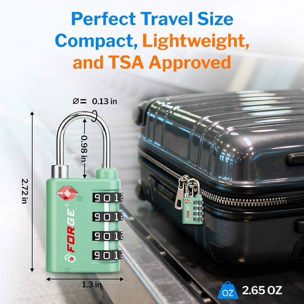 Forge Dual-Opening: Key or Combination Lock, TSA Approved Lock for Luggage, Pelican case, Travel, Gym, School, Luggage Combination Lock, Travel Bag Lock (Green 2 Pk)