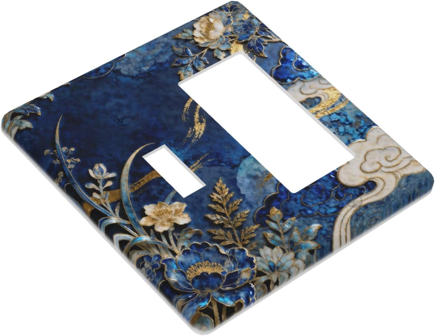 Decorative Outlet Covers Blue White Flower Gold Line Cloud 2 Gang Light Switch Cover Plate Single Toggle 1 Rocker Wall Plates for Electrical Outlets Switch Plate Covers for Home Decor