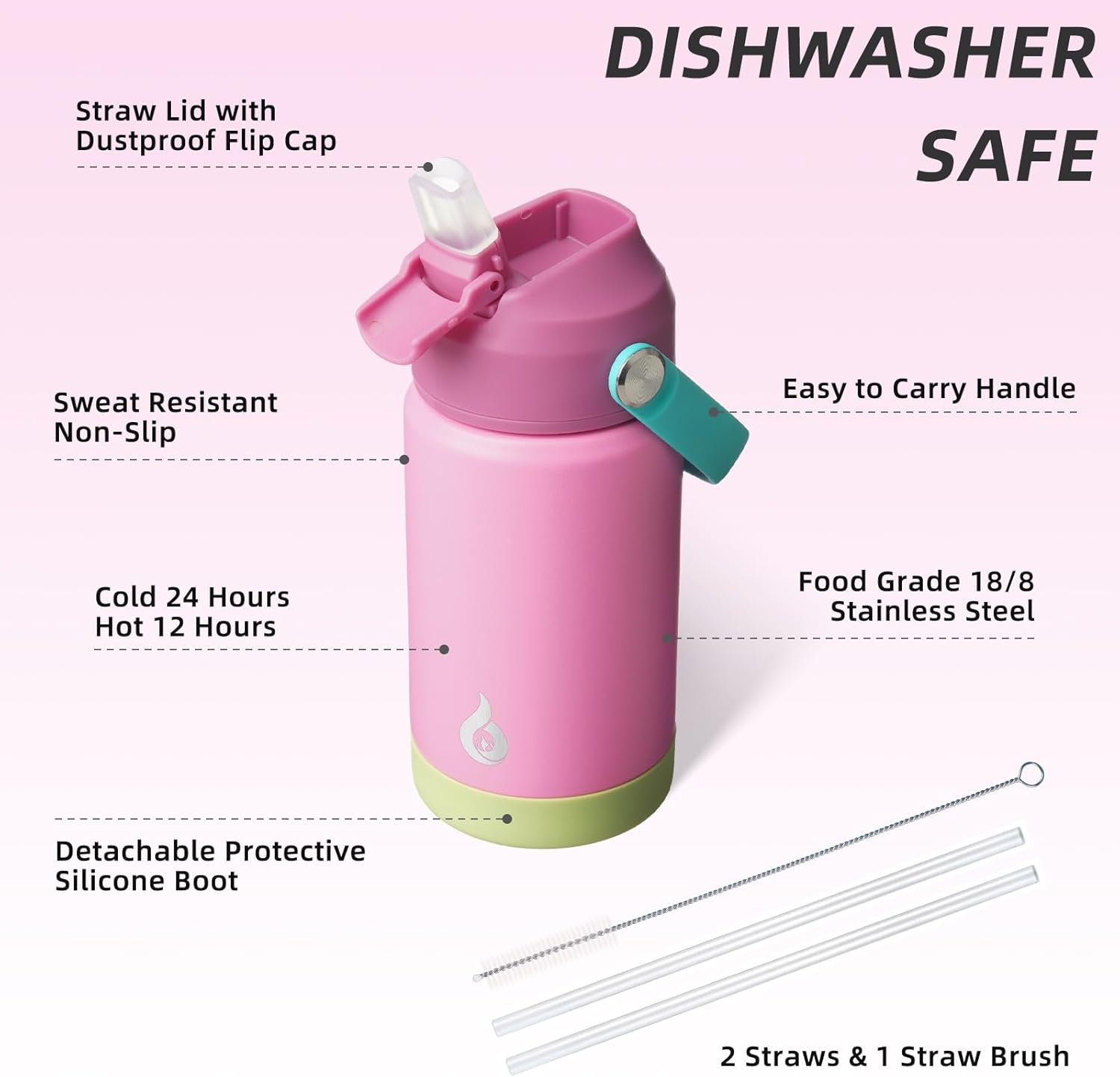 BJPKPK Insulated Water Bottle with Straw Lid, 12oz Thermo Water Bottles, Flex Handle & Non-slip Boot, BPA Free Leak Proof Stainless Steel Metal Thermo, Tumblers, Cups,Rose Pink