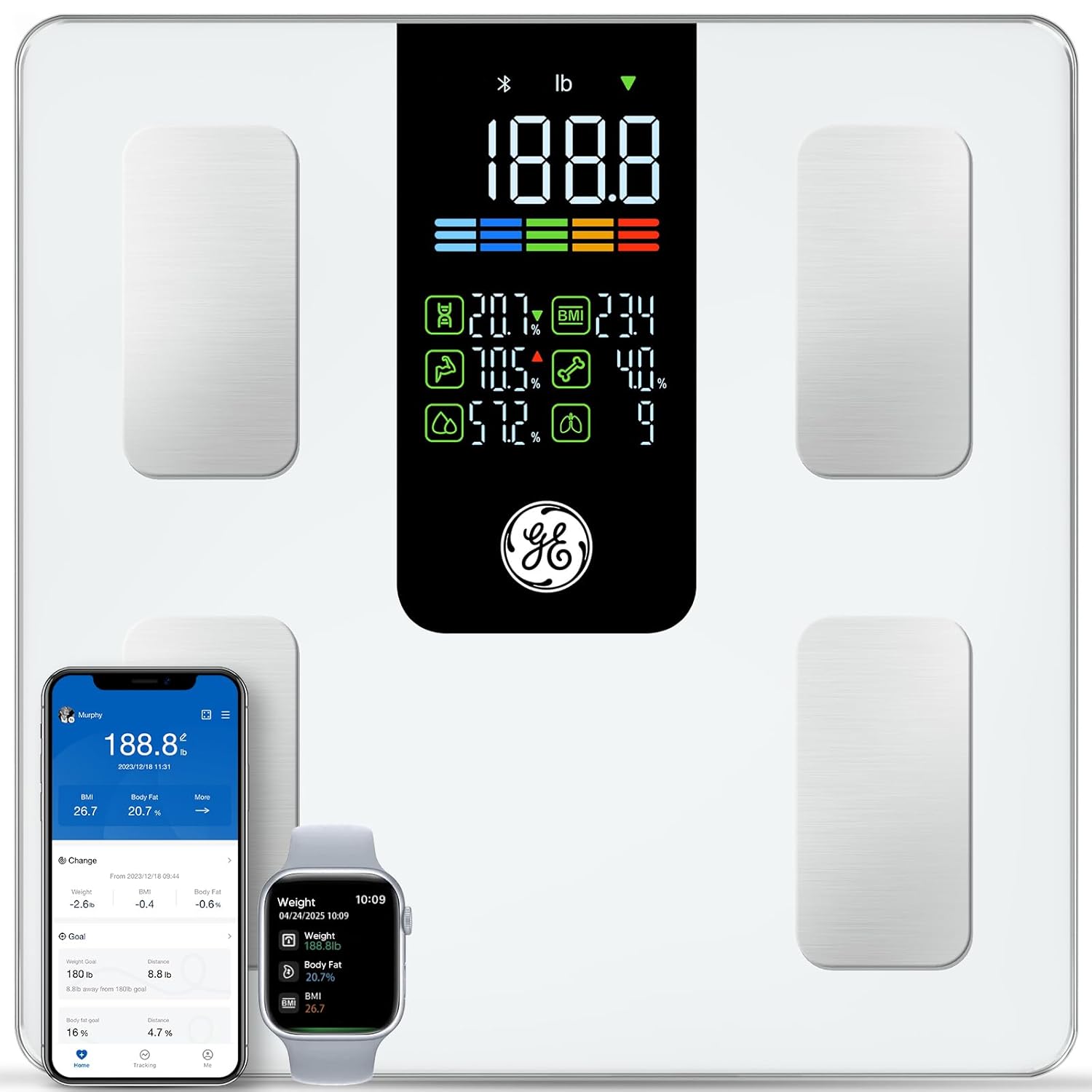 GE Smart Scale for Body Weight, BMI, Body Fat, Muscle Mass, Digital Bathroom Scales 500lbs for Bluetooth Weight Monitor 11.8" Large Platform Weighing Machine Health Analyzer with App, White