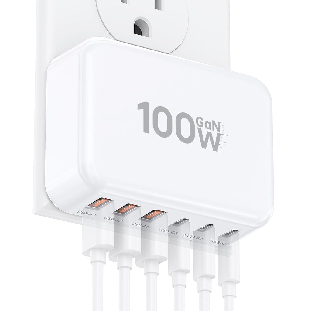 Fast Charger Block, GaN 6 Port USB C Charging Station Hub Cube, 100W Multiport Type C Wall Charger Power Strip Plug with PD 3.0+QC for iPhone13 14 15 16 17 Pro Max XR XS 8 7, Samsung, iPad, Table