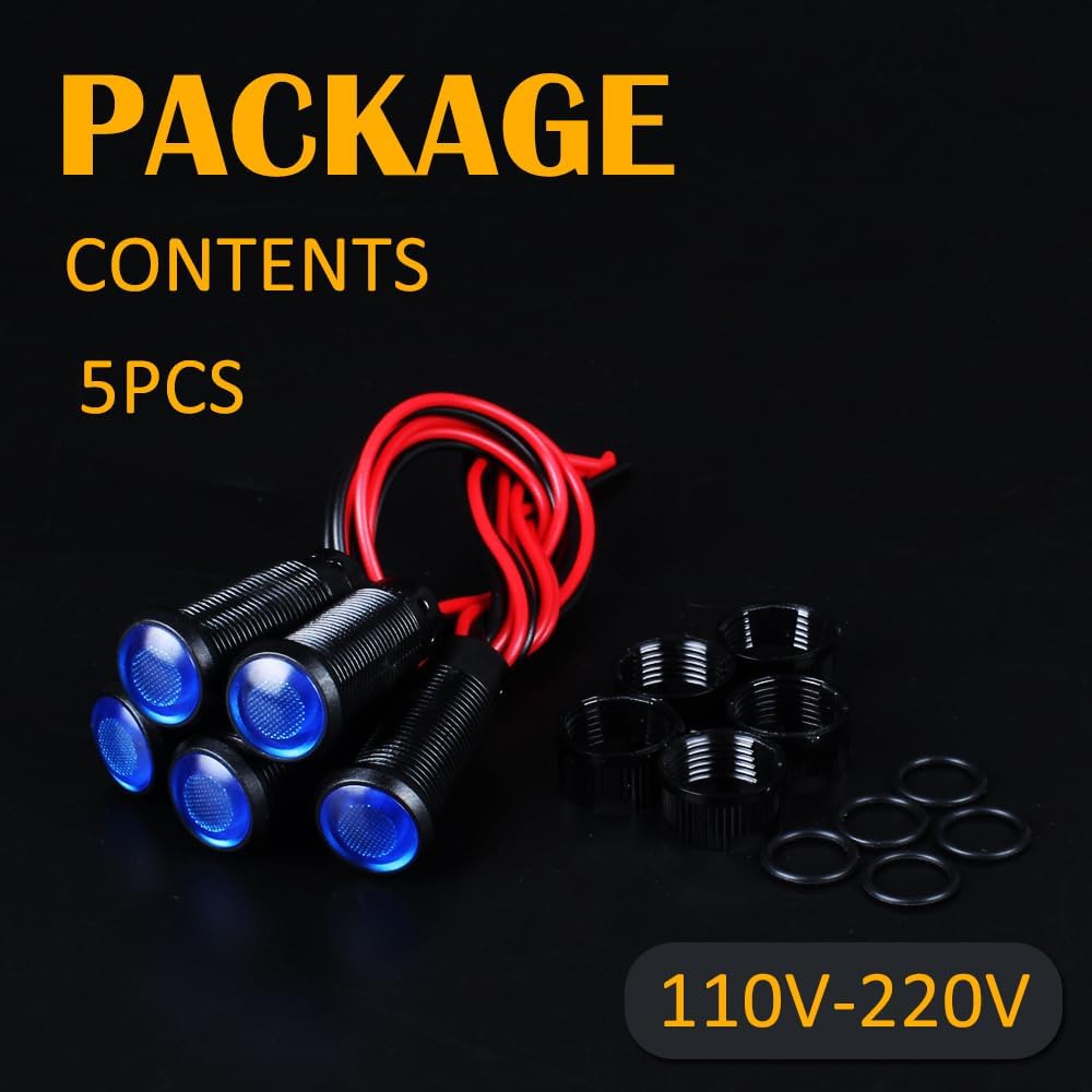 5pcs 10mm LED Indicator Light Plastic Black Signal Dot Lamp 110-220V AC 2/5" Mounting Hole Size with 15cm/5.9in. Wire (Blue LED)