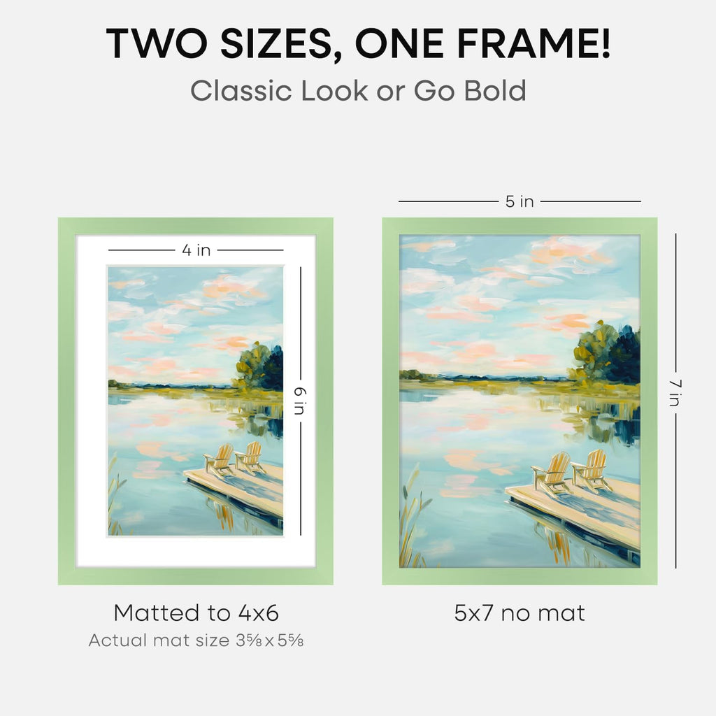 Homeforia 5x7 Picture Frame Sage Green, High End Metal 5 x 7 Frames with Mat 4 x 6 for Photo, 5by7 Desk Frame Matted to 4x6 inch Art, 5 by 7 Wall or Tabletop Frames, Tempered Glass, Wall Kit, Set of 2