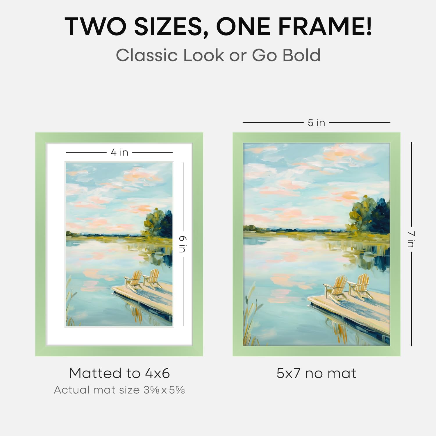 Homeforia 5x7 Picture Frame Sage Green, High End Metal 5 x 7 Frames with Mat 4 x 6 for Photo, 5by7 Desk Frame Matted to 4x6 inch Art, 5 by 7 Wall or Tabletop Frames, Tempered Glass, Wall Kit, Set of 2
