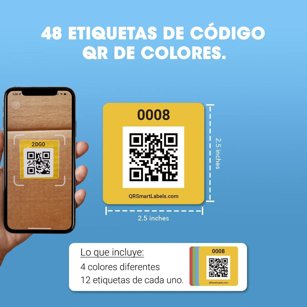 SmartLabels – Etiquetas QR en Español | Paquete de 48 | Etiquetas QR Multicolor | Calcomanías con App para Inventario Fácil, Organización de Bodegas o Etiquetas de Mudanza