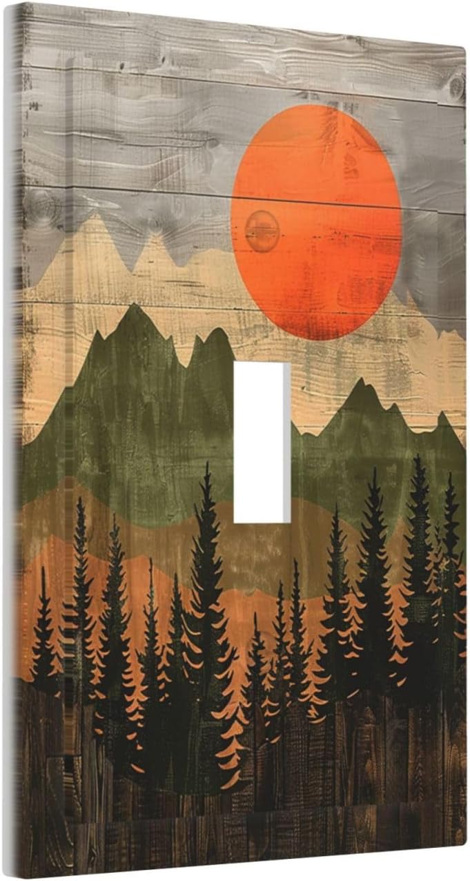 Decorative Light Switch Cover Vintage Wood Grain Sun Forest Mountains 1 Gang Single Toggle Device Electrical Faceplate Switchplates Decorator Outlet Wall Plate for Farmhouse Cabin Decor