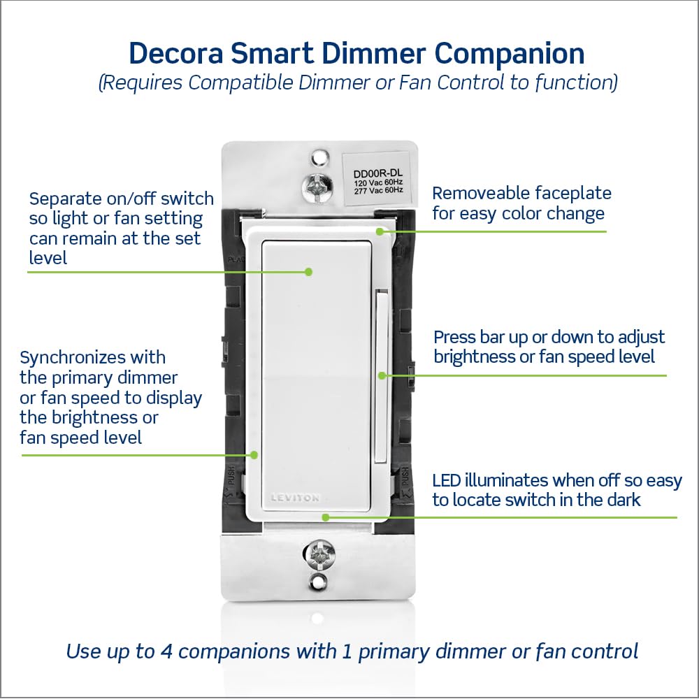 Leviton Decora Smart Dimmer Switch Companion for Multi-Location Dimming (Not for Stand-Alone use), 120/277VAC, 60Hz, DD00R-DLZ, White, Ivory, Light Almond