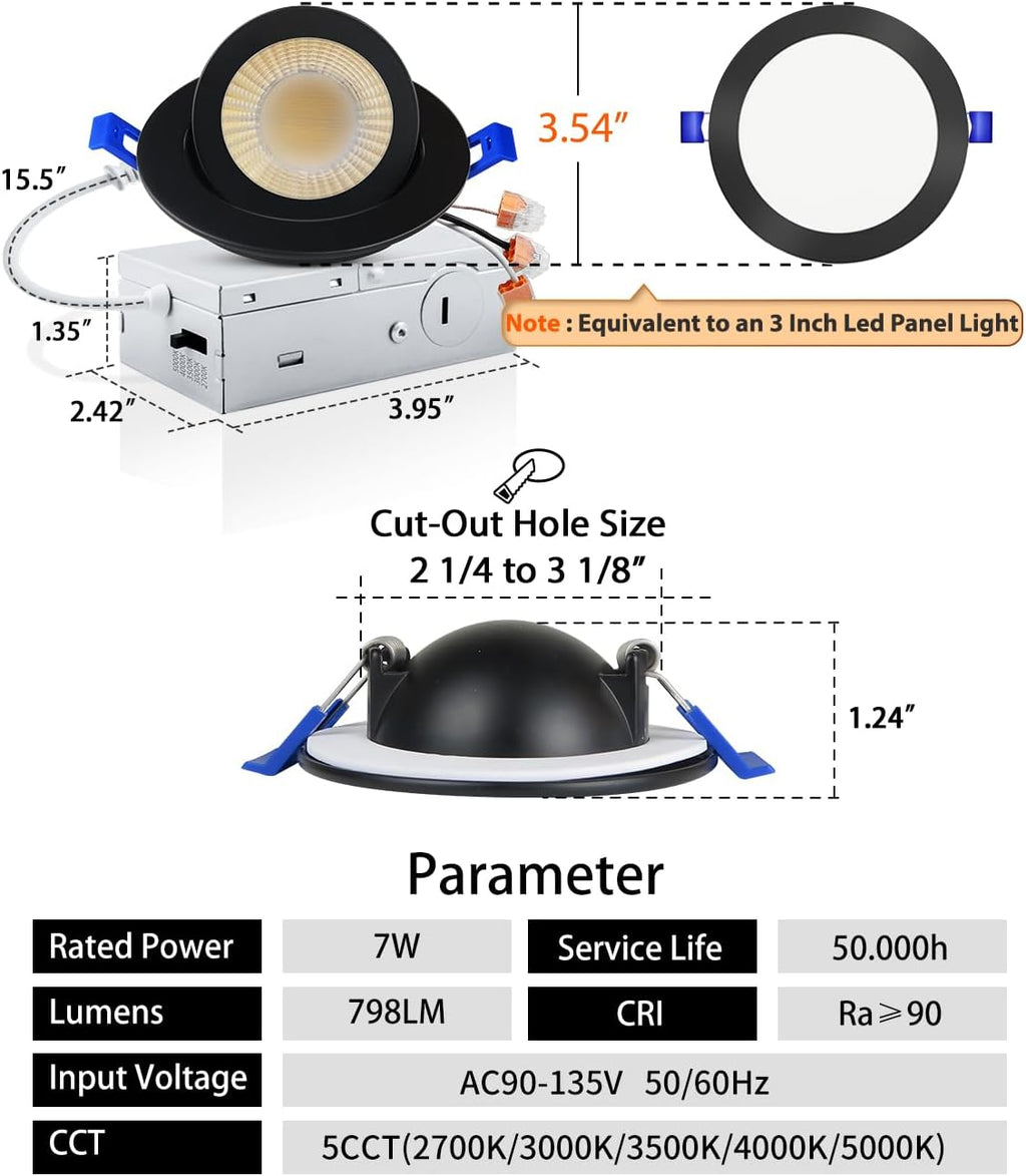 Adetu 3 Inch Gimbal Black Led Recessed Lighting, 360°+90° Adjustable Directional Led Recessed Lights, 2700K/3000K/3500K/4000K/5000K Dimmable Retrofit Eyeball Can Lights with Jbox,ETL (Black, 1 Pack)