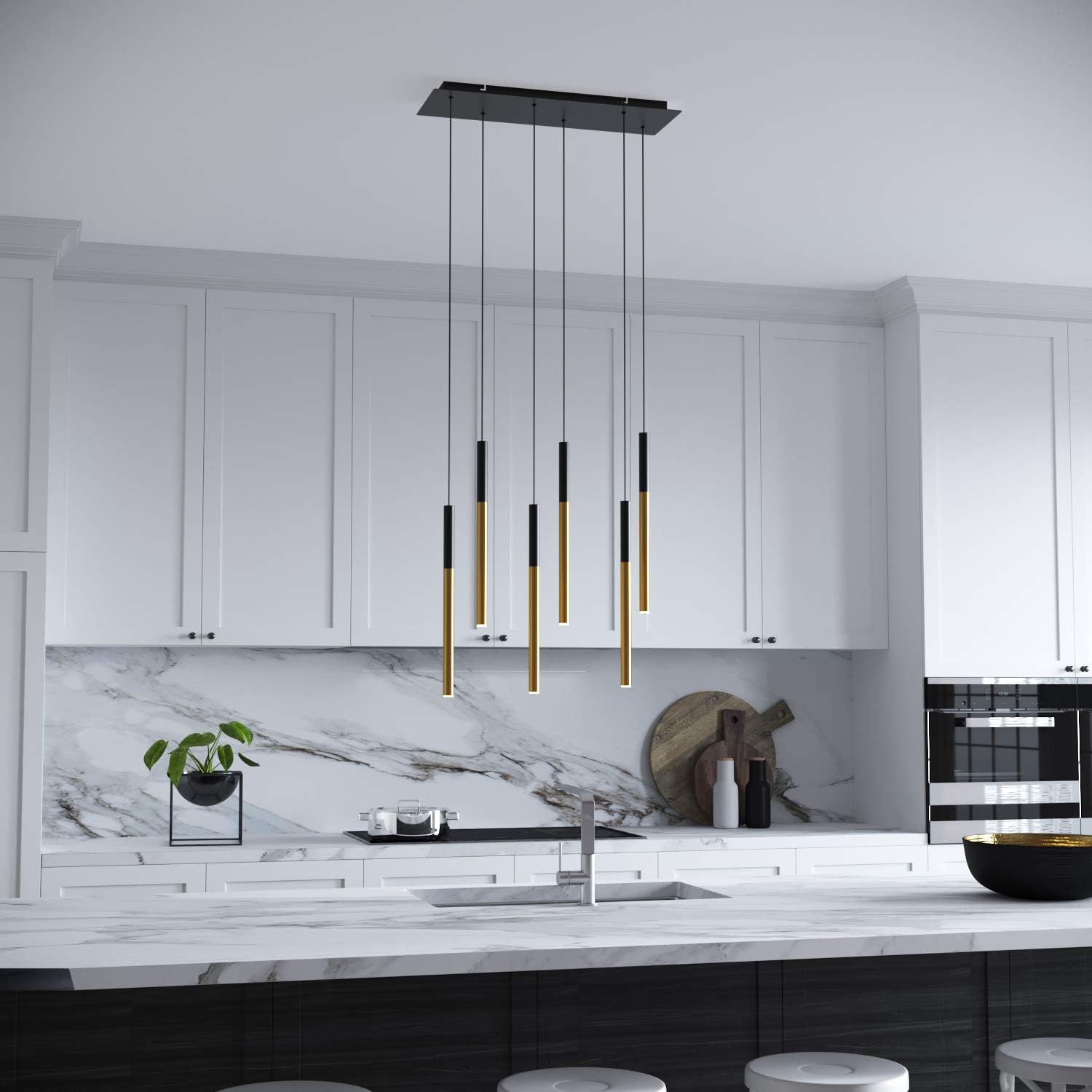 ALTAIR 6 Mini Pendant Lighting Black-Brass - LED Hanging Light Fixture for Kitchen Island, Bar, Foyer - Cluster Pendants - Dimmable, Adjustable Wire, Lamp Bulb Included