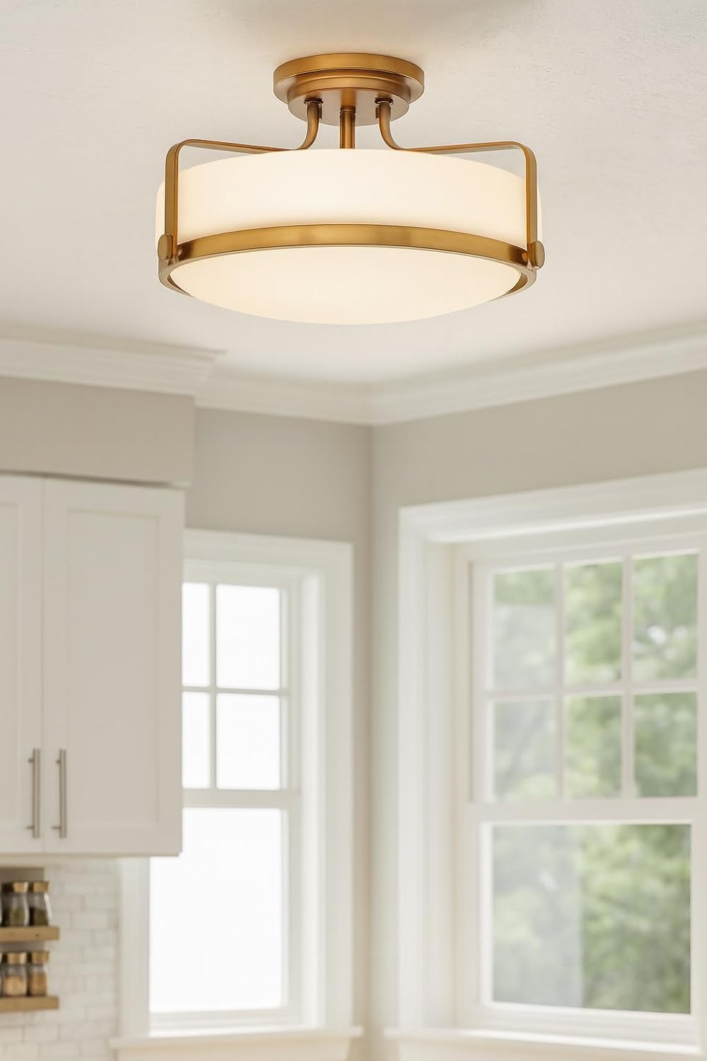 Hinkley Harper Medium Semi-Flush Mount Ceiling Light - Sleek, Retro Style, Etched Opal Glass - Heritage Brass Finish