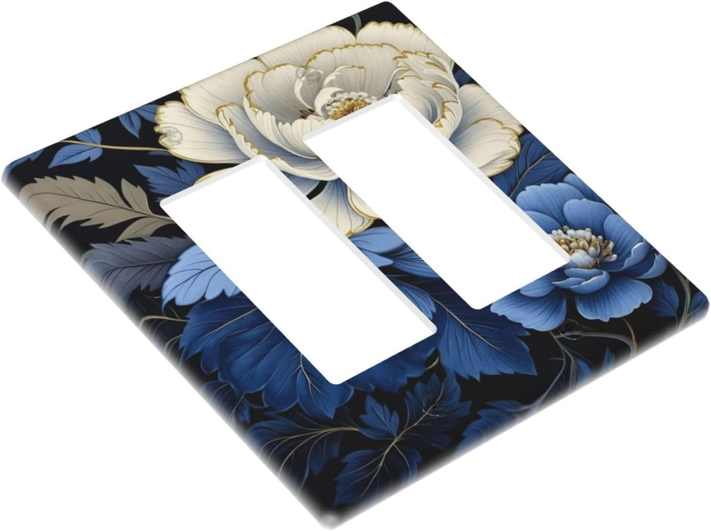 Blue White Flowers Dual Outlet Covers Wall Plate 2 Gang Rocker Decora Decorative Switchplate Electrical Faceplate GFCI Light Switch Covers for Farmhouse Living Decor