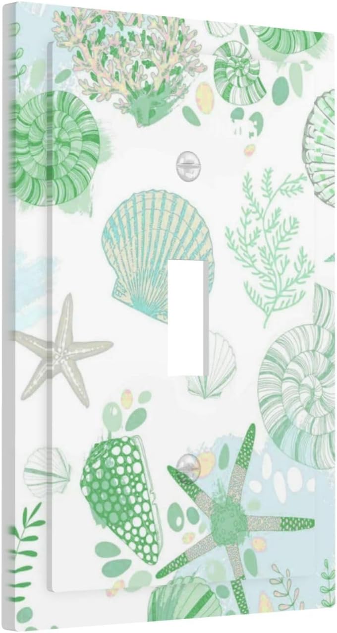 Beach Nautical Starfish Scallop Coral Conch Decorative Light Switch Cover 1 Gang Single Toggle Device Electrical Faceplate Switchplates Decorator Outlet Wall Plate for Bathroom Home Decor