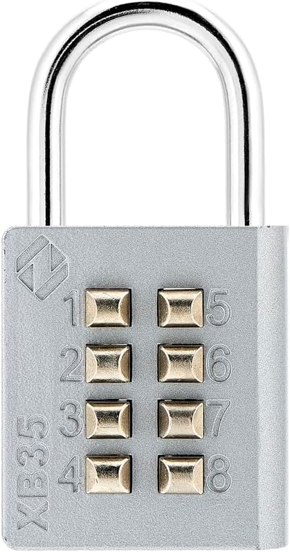 XB35 8-Digit Push Button Combination Padlock, 4 Digit Locking Mechanism, Gray, 1-Pack
