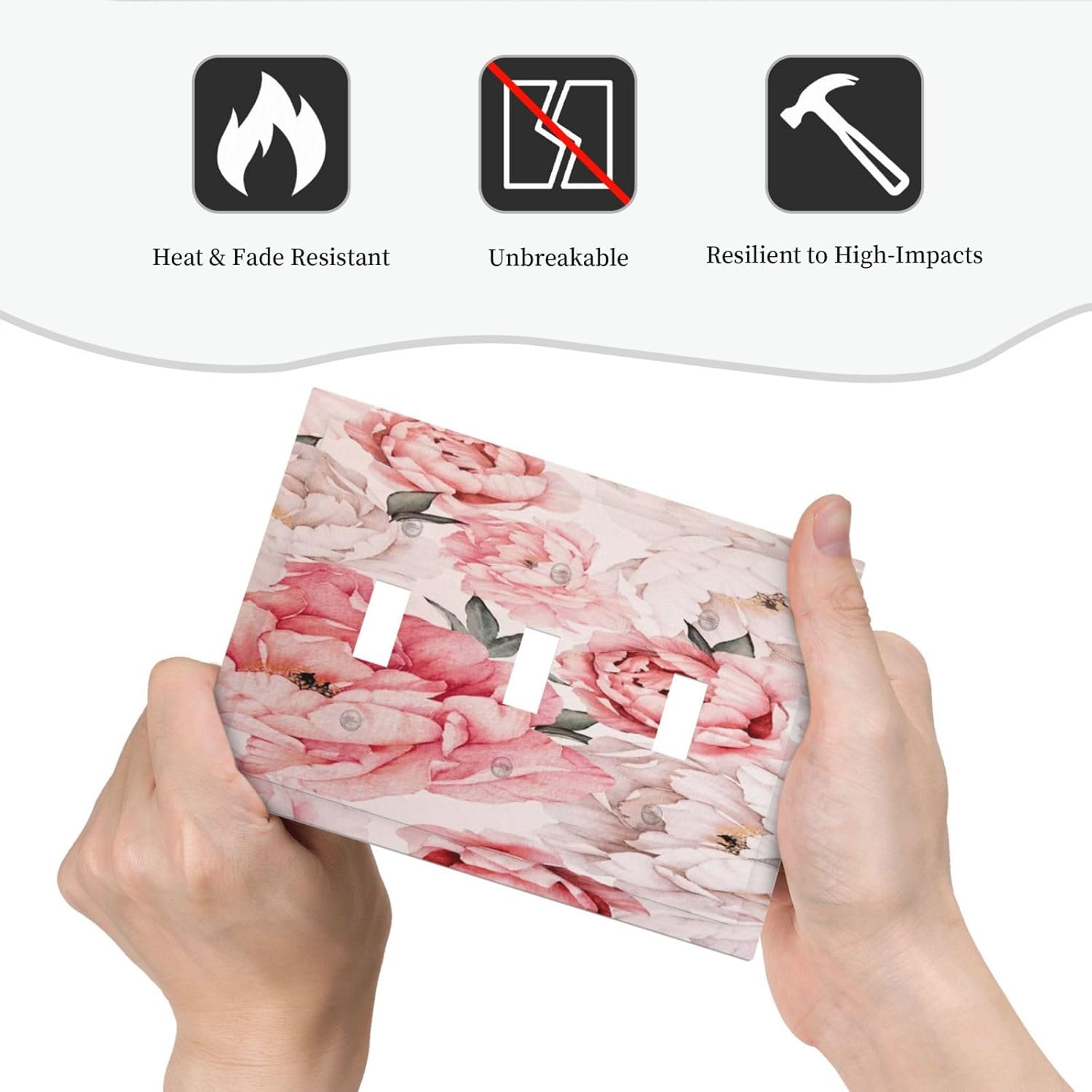 Decorative Light Switch Plate Covers Ink Pink Peony Flower Rustic Floral 3 Gang Light Switch Cover Triple Toggle Wall Plate Outlet Covers for Home Bedroom Decor