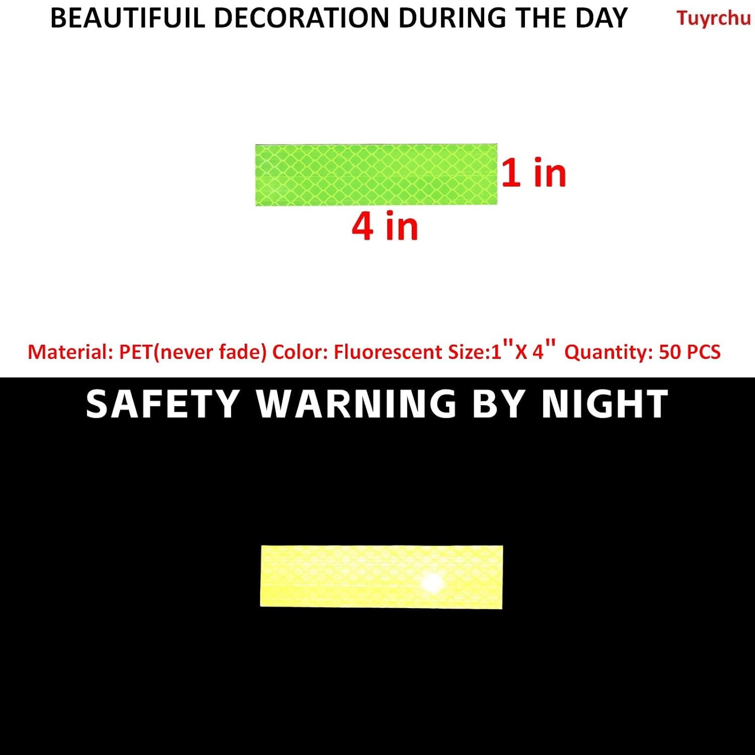 Non Fading Fluorescent Yellow Reflective Stickers 1 inch X 4 inch, Outdoor Waterproof High Visibility Safety Adhesive Reflector (50 Pcs)