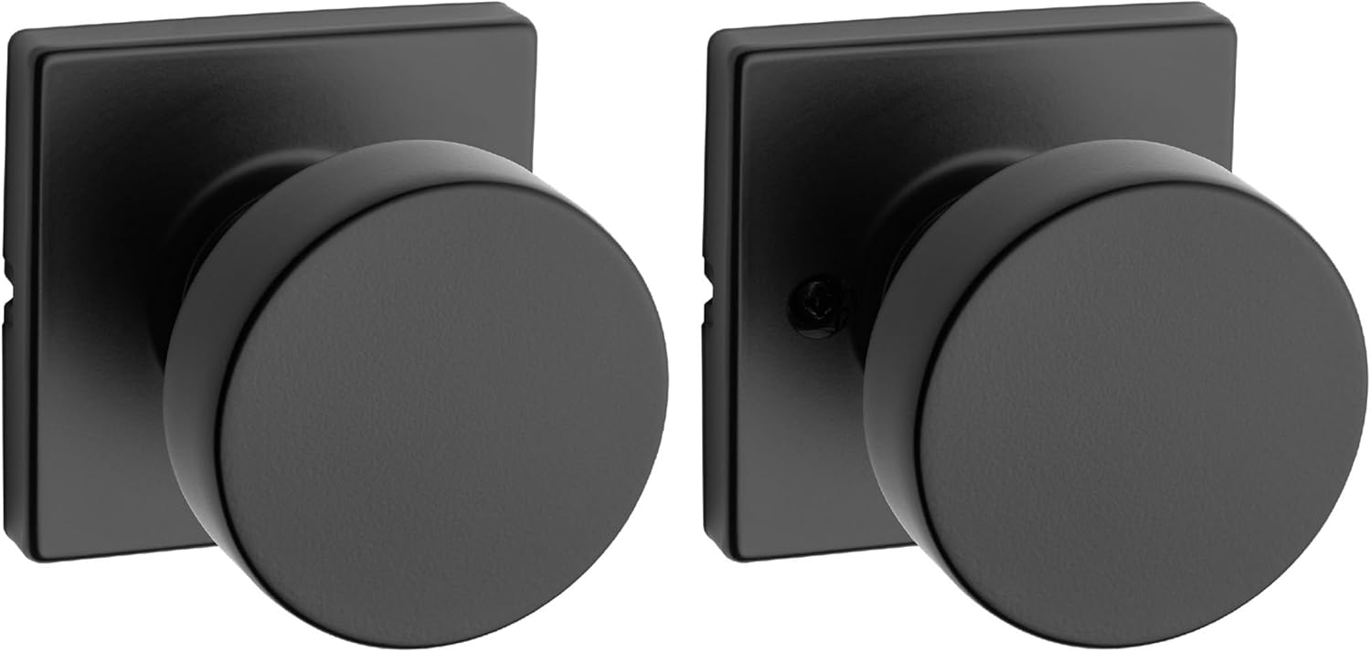 Kwikset Pismo Interior Passage Door Knob, Handle for Closet and Hallway Doors, Non-Locking Doorknob in Matte Black, with Microban Protection, Square Rose (Pack of 10)