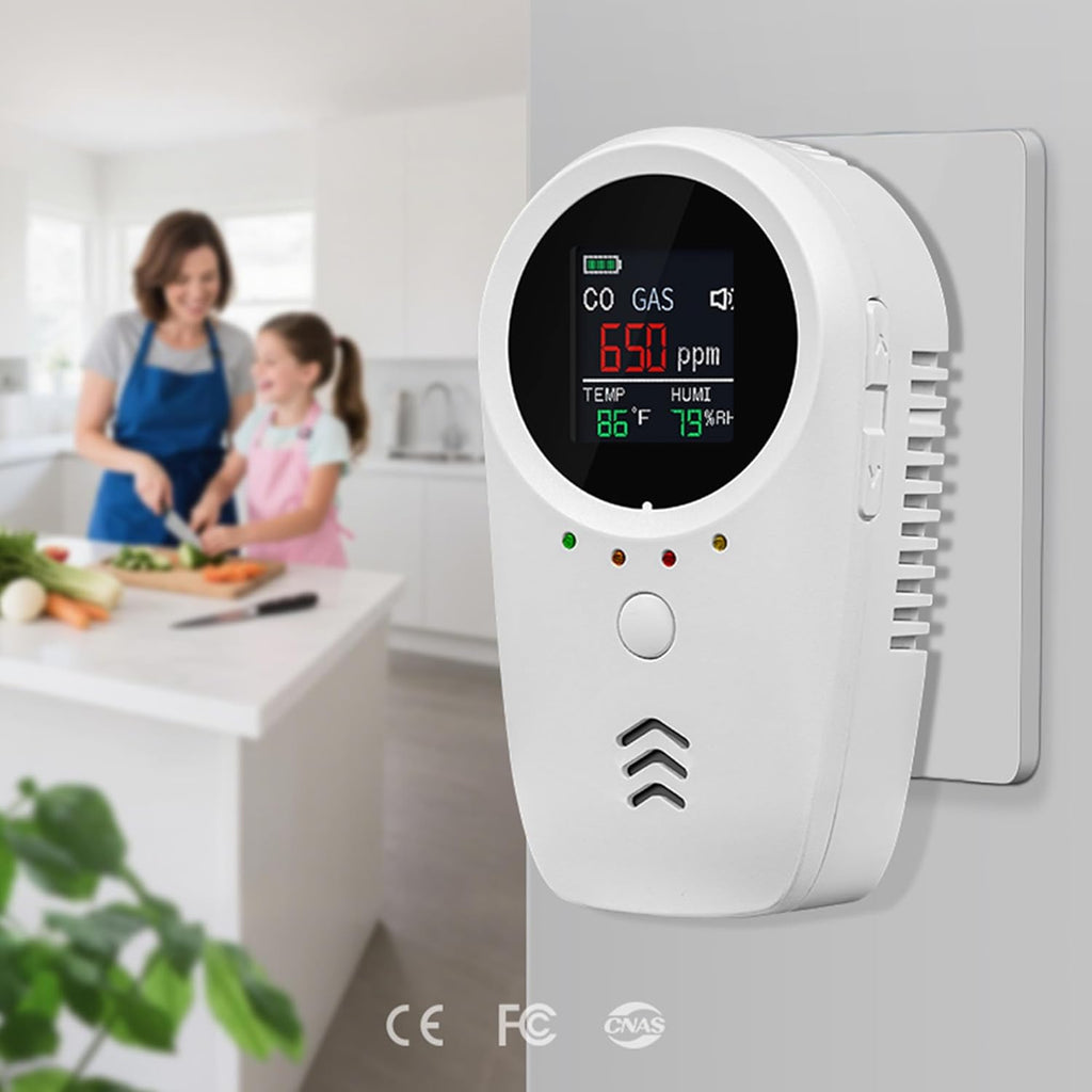 Rechargeable 5-in-1 Carbon Monoxide & Natural Gas Detectors with Temperature/Humidity LCD Display & 2000mAh Lithium-ion Battery, Portable Plug in Co Detector for Home Travel RV Essentials, 1PCS