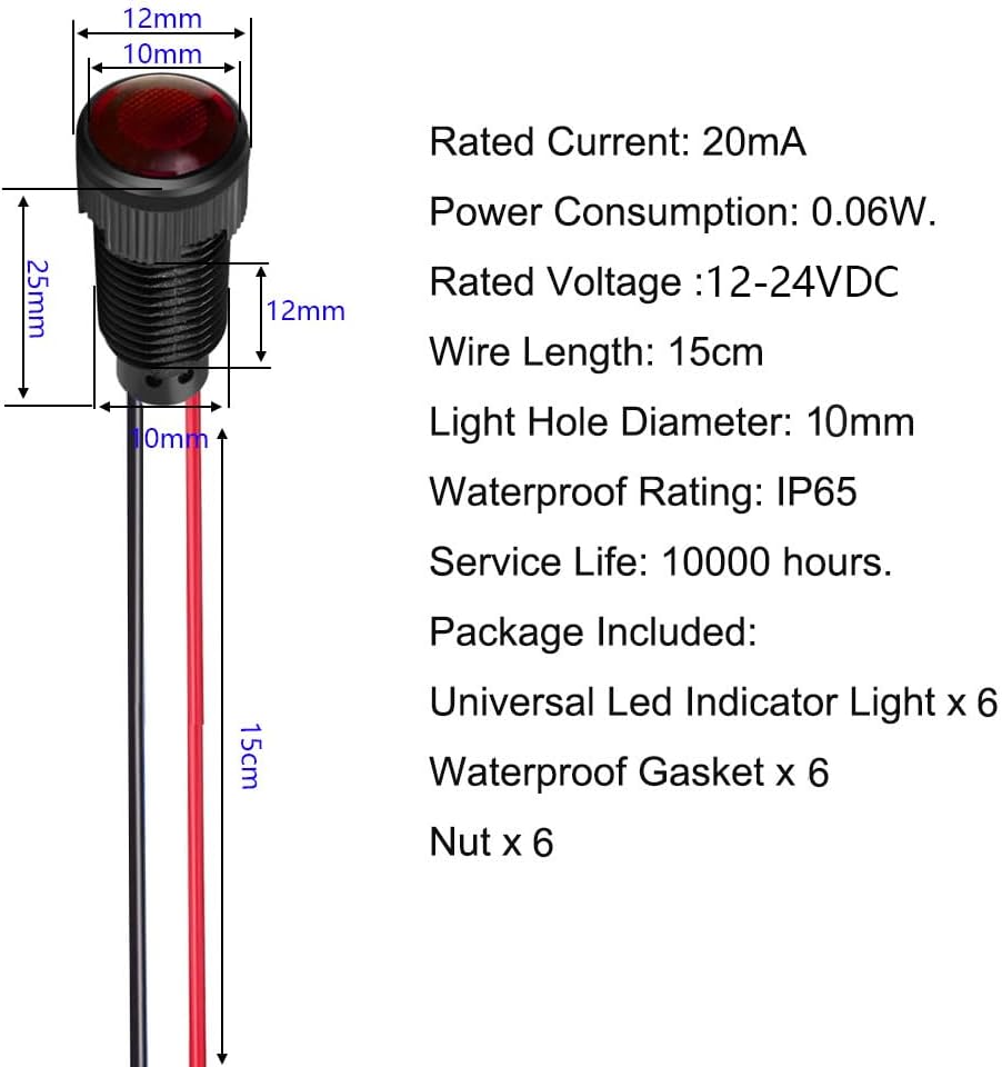 6pcs Red/Blue/Green LED Indicator Pilot Light AC/DC 12-24V Mounting Hole Size 10mm(Flame Retardant Plastic Shell)