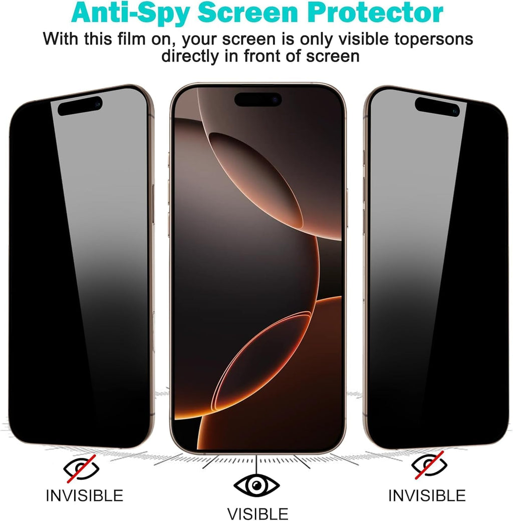 3 Pack for iPhone 16 Pro Privacy Screen Protector + 2 Camera Lens Protector 9H+ Tempered Full cover Glass 12FT Military Grade Shatterproof 100% Anti Spy Auto Alignment Kit