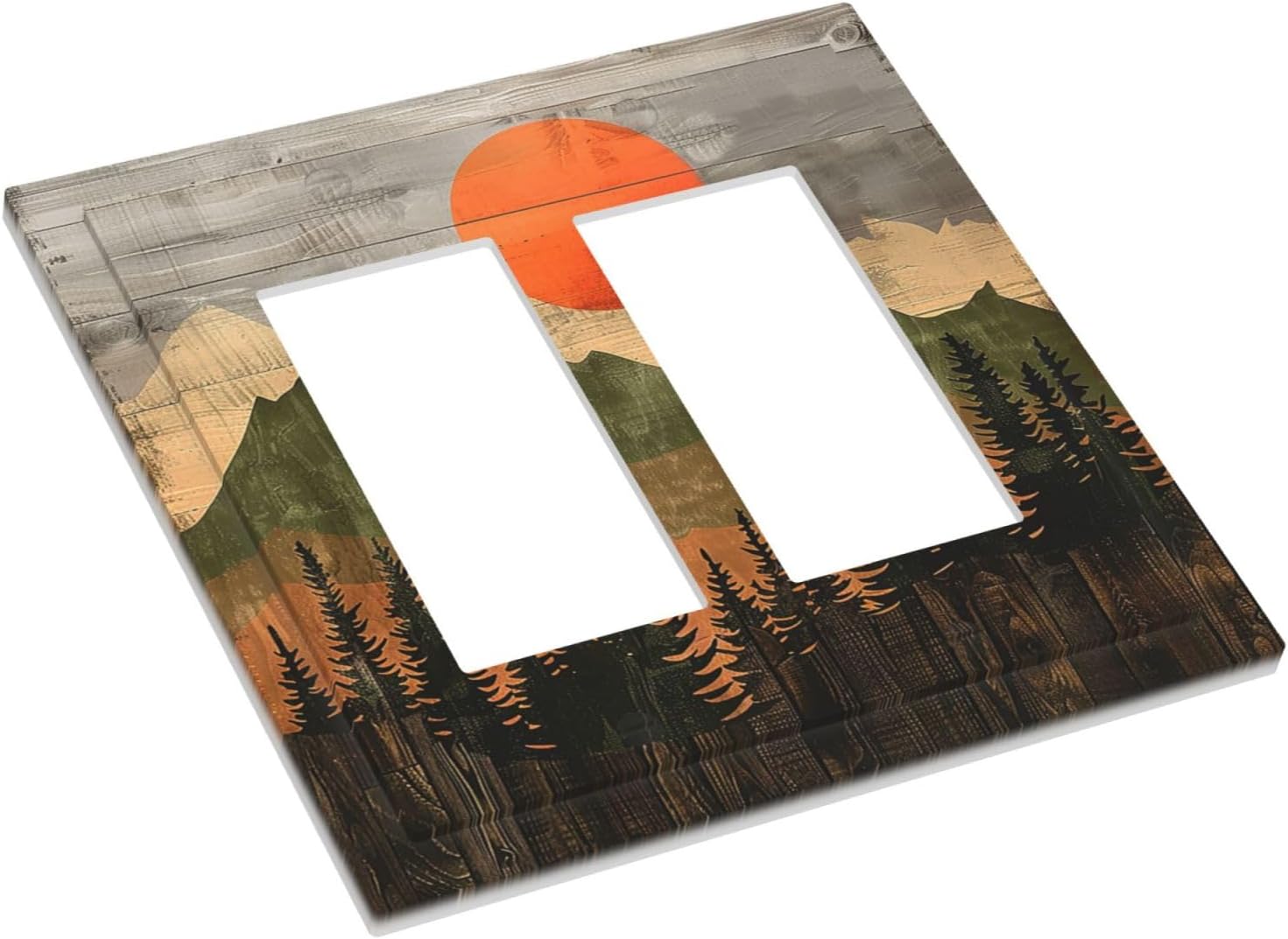 Decorative Outlet Covers Vintage Wood Grain Sun Forest Mountains 2 Gang Double GFCI Rocker Electrical Wall Panels Light Switch Cover Plate for Farmhouse Cabin Decor
