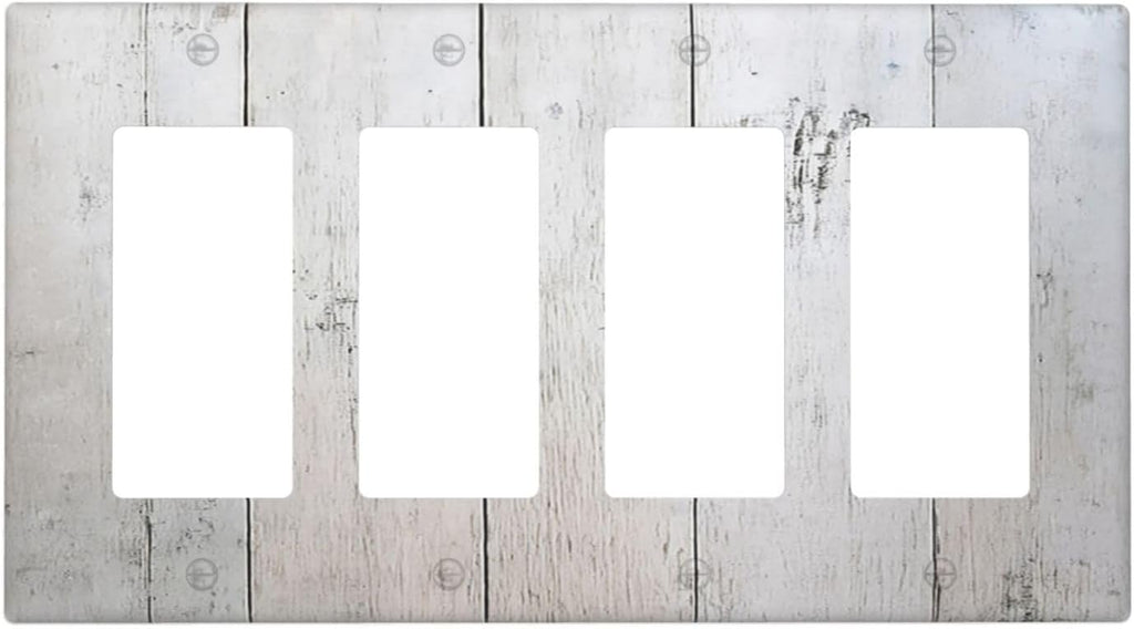 Rustic White Grey Wood Grain Wallplates 4 Gang Quad Rocker Decorative Light Switch Covers Electrical GFCI Faceplate Switch Plate for Bedroom Bathroom Decor