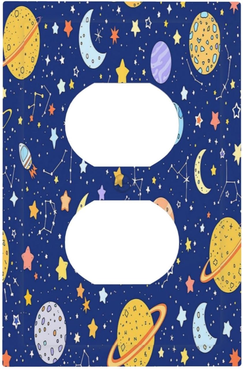 Stars Starry Night Sun Moon Planet Constellations Outlet Covers 1 Gang Duplex Light Switch Cover Wall Plate Decorative Switch Plates Electrical Receptacle Faceplate for Bedroom Bathroom