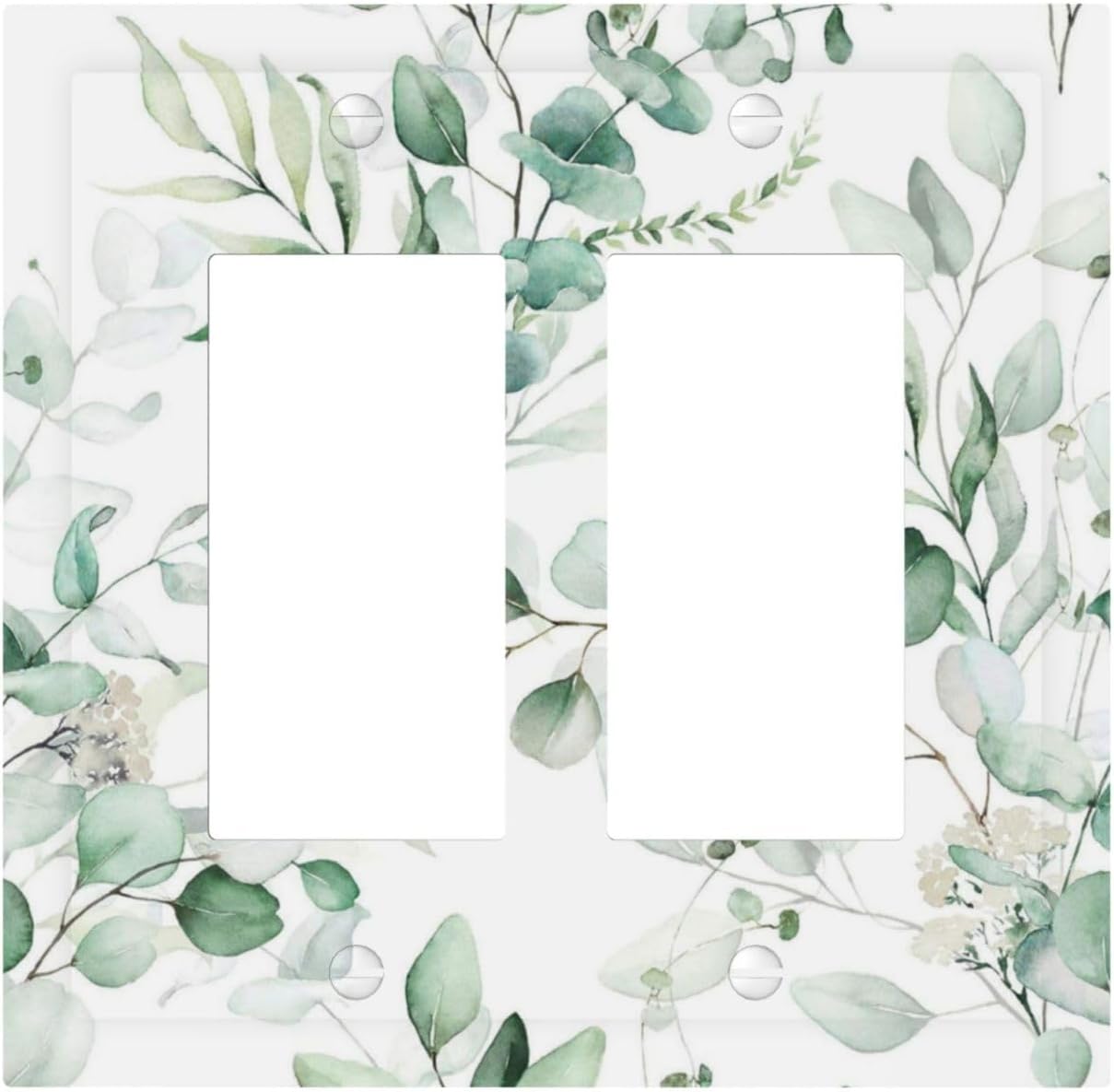 Boho Green Eucalyptus Leaf Floral Plants Flowers Decorative Outlet Covers 2 Gang Double GFCI Rocker Electrical Wall Panels Light Switch Cover Plate for Bed Room Living Room Decor