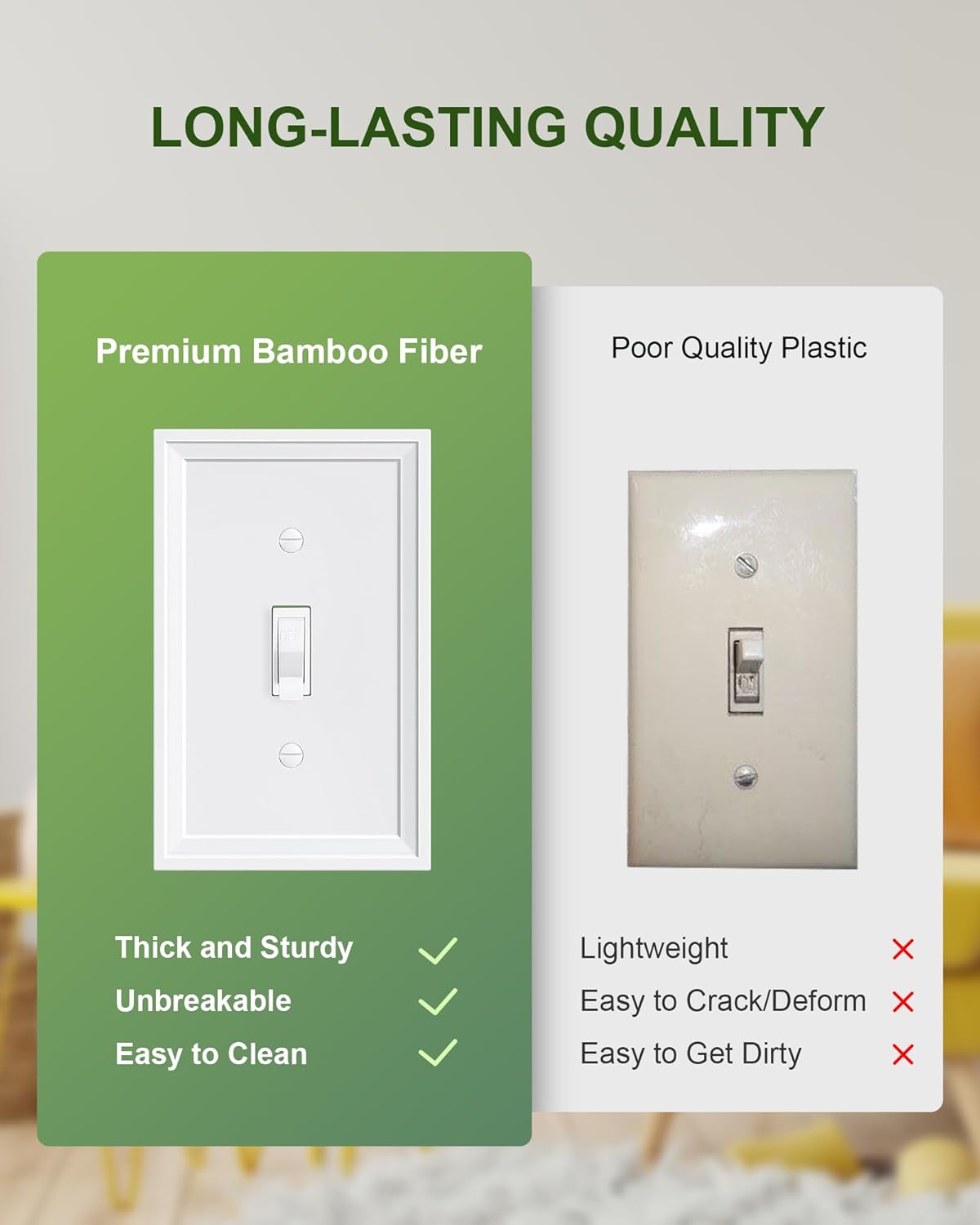 2-Pack Single Toggle Light Switch Covers Wall Plate, Pure White Decorative Switch Plate Covers, 1 Gang Natural Bamboo Fiber Wall Plate, Corrosion Resistant