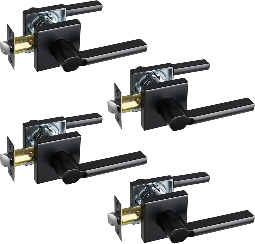 Passage Door Lever (No Lock), Heavy Duty Interior Square Handle for Hallway and Closet, Matte Black, Reversible for Right&Left Handed, 4Packs
