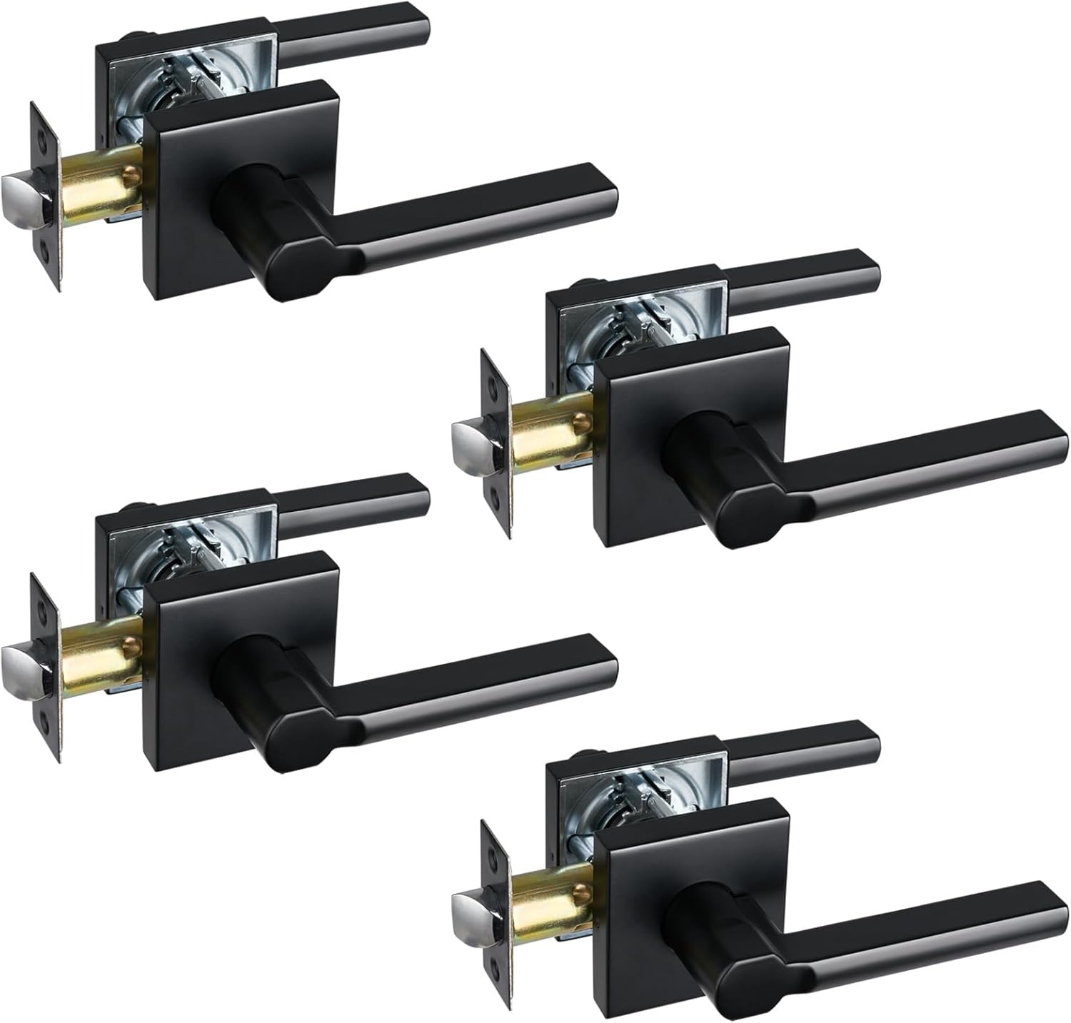 Passage Door Lever (No Lock), Heavy Duty Interior Square Handle for Hallway and Closet, Matte Black, Reversible for Right&Left Handed, 4Packs