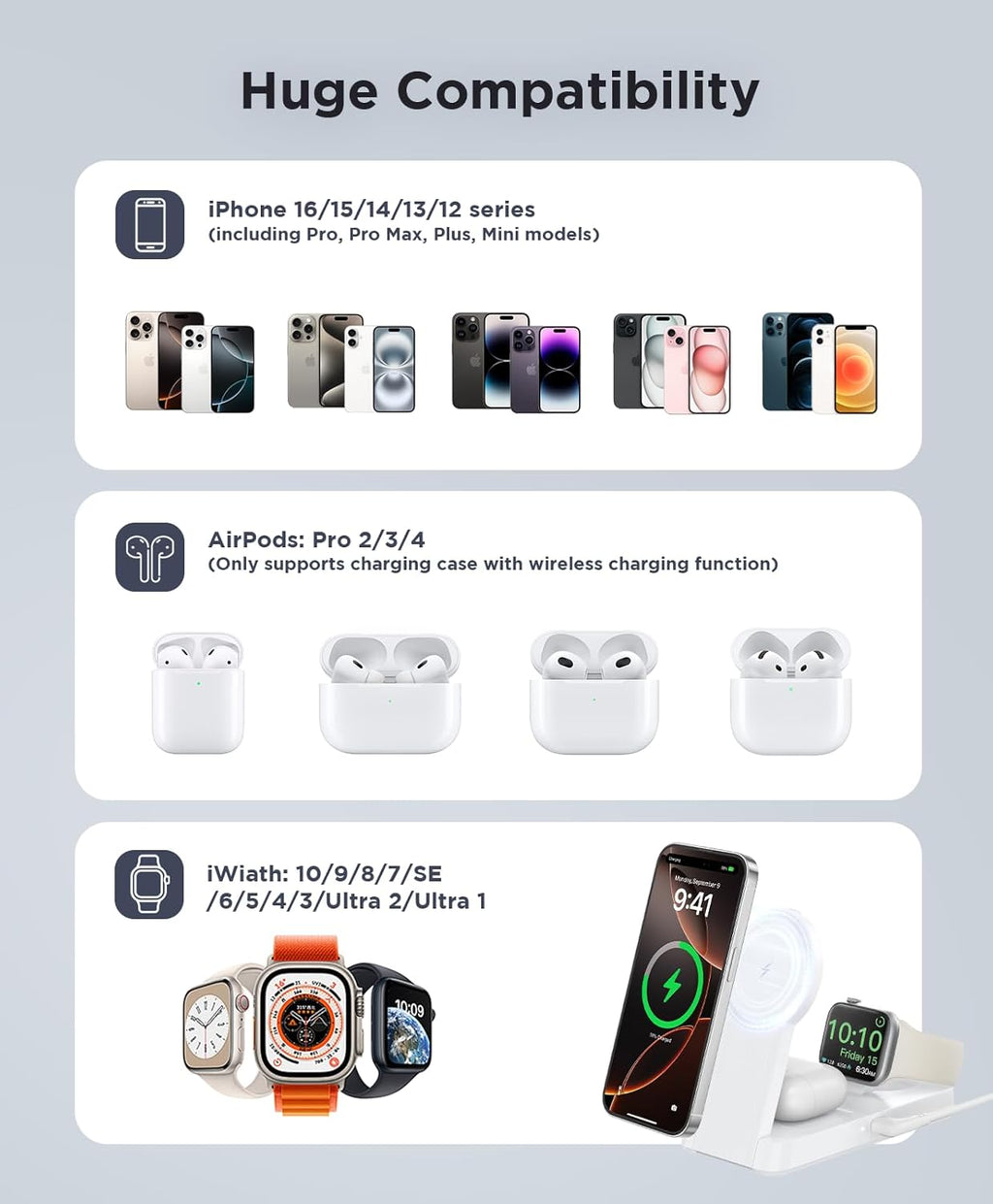 3 in 1 Magnetic Wireless for iPhone Charging Station: Foldable Portable Charger for iPhone 17-12 Pro Max & Apple Watch & AirPods, for Apple Multiple Devices Charger for Home,Office&Travel
