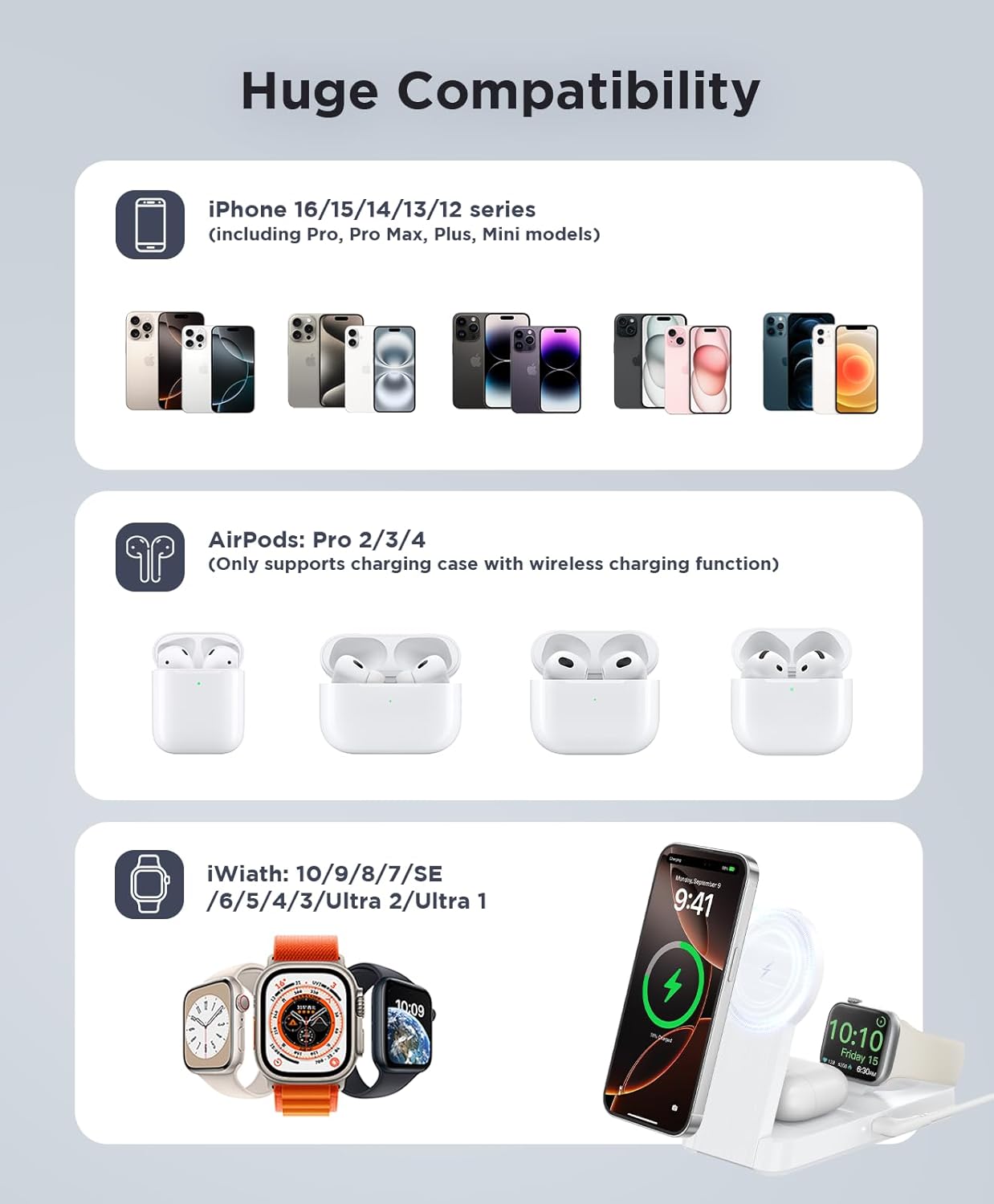3 in 1 Magnetic Wireless for iPhone Charging Station: Foldable Portable Charger for iPhone 17-12 Pro Max & Apple Watch & AirPods, for Apple Multiple Devices Charger for Home,Office&Travel
