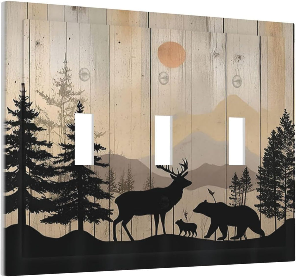 Decorative Switch Plates Wood Board Wildlife Cute Bear Deer Forest Rustic 3 Gang Wall Plate Triple Toggle Light Switch Cover Faceplate Electrical Wall Panels for Bathroom Farmhouse Decor