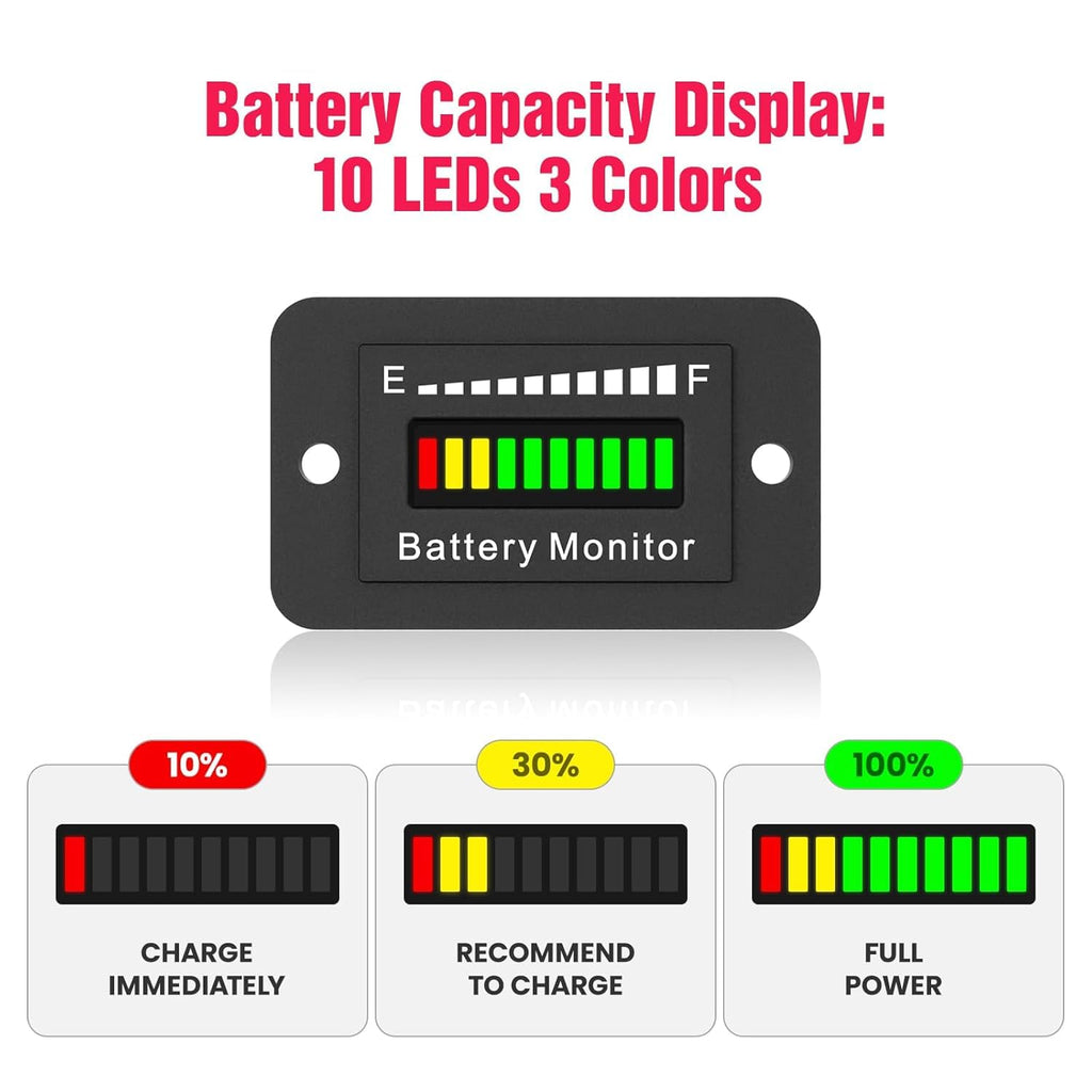 12V 24V 36V 48V 60V 72V Golf Club Cart Battery Monitor Meter for Yamaha EZGO Motorcycle LED Battery Capacity Indicator Meter Waterproof Lead-Acid or Lithium ion Battery Level Indicator Monitor Gauge