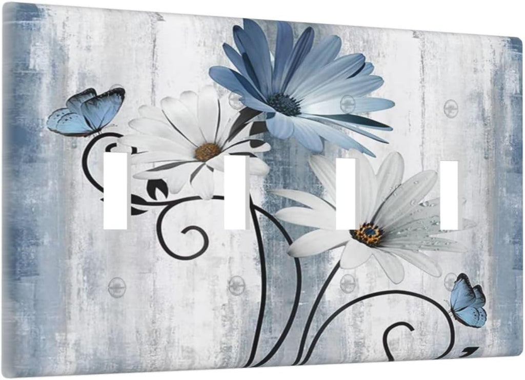 Decorative Light Switch Cover Plate Rustic Blue White Daisy Ink Flower 4 Gang Wall Plates for Electrical Outlets Quad Toggle Switch Plate Covers Outlet Covers Faceplate for Bedroom Home Decor